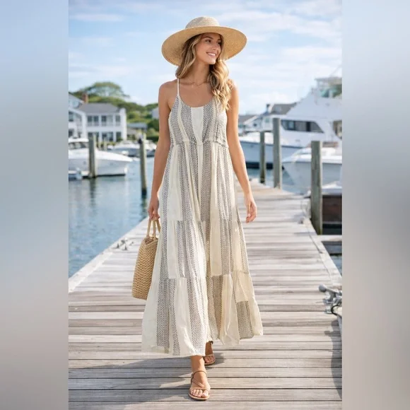 Liverpool Los Angeles Maxi Dress L Cream Black Boho Tiered Flowy Racerback NWOT - Picture 1 of 6